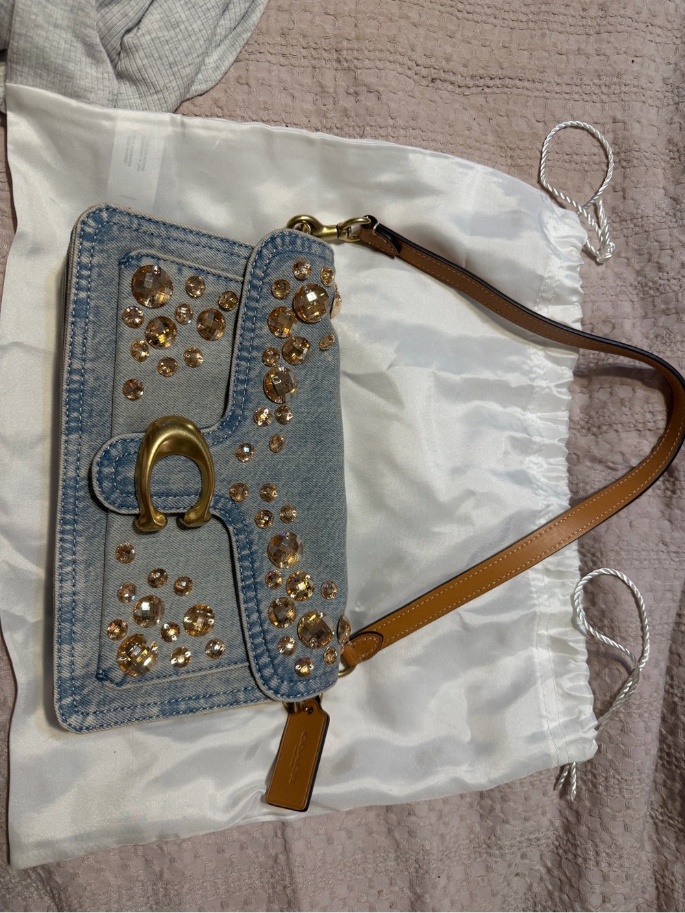 Denim Shoulder Bag with Gold Crystal Accents